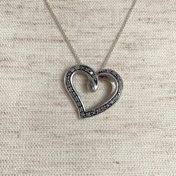 Sterling Silver 925 AFJC Diamond Asymmetric Heart Pendant Necklace 18" Chain - Picture 7 of 16